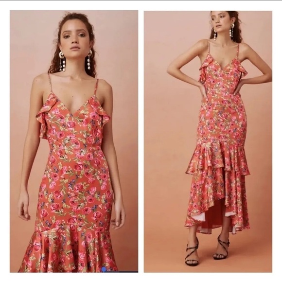 Keepsake the Label For Me Gown Tangerine Orange Floral Ruffle Trim Satin Dress - Picture 2 of 11